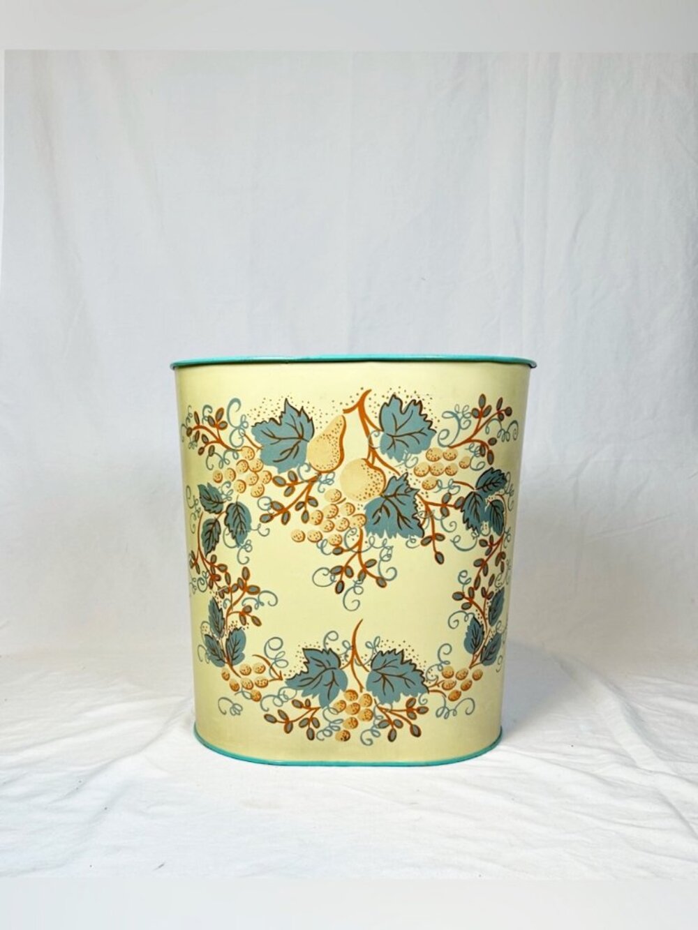 Vintage Cheinco Soft Yellow Teal Retro Grapevine Fruit Metal Garbage Trash Can